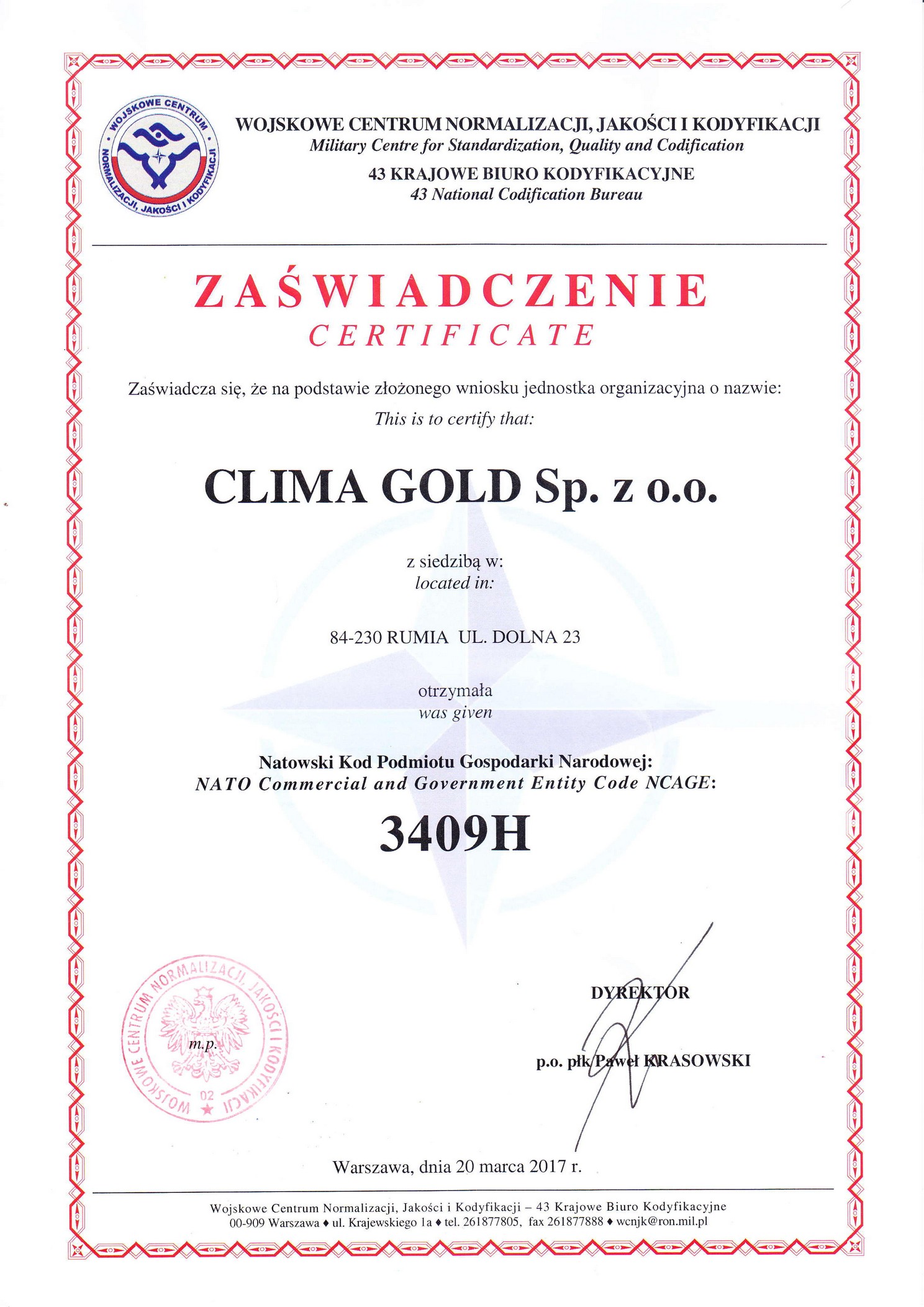 Clima Gold з Сертифікатом Комерційного та Державного органу НАТО (NCAGE)